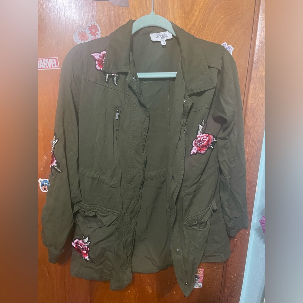 Army green coat with rose patches